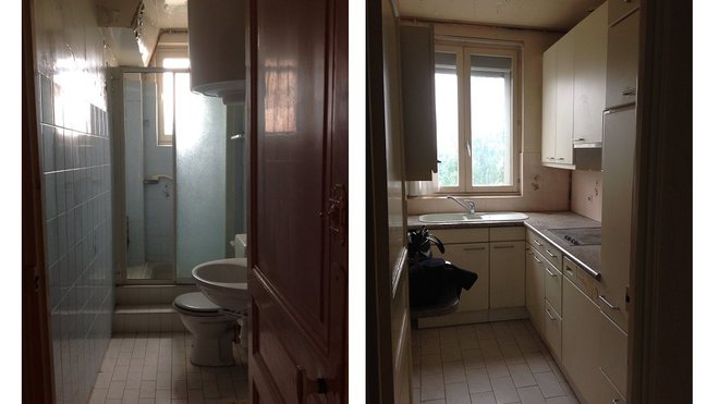 Avant : la salle de bains et la cuisine à la décoration au style clairement démodé.