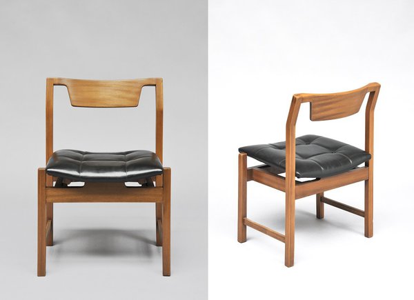 Déclinaison du canapé Teckel en fauteuil éponyme, chaise SC 104 - Hexagone édité par Steiner en 1960. En teck et cuir noir (H 76 x L 53 x P 43 cm).