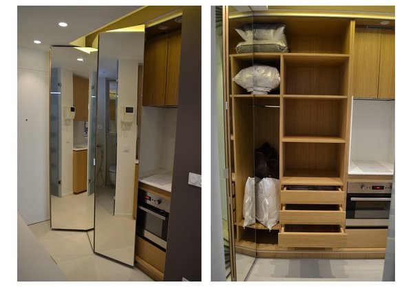 Le dressing et ses portes miroirs repliables en accordéon n’encombrent pas l’entrée.