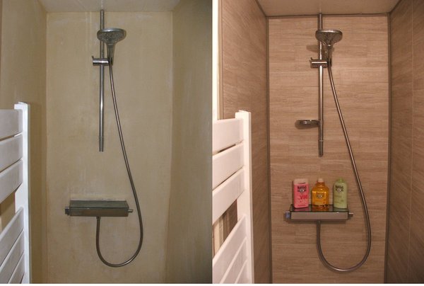 En suivant les 14 étapes de ce pas à pas illustré, l'ancienne cabine de douche démodée reprend fière allure, entièrement habillée de lames de PVC coloris dune.