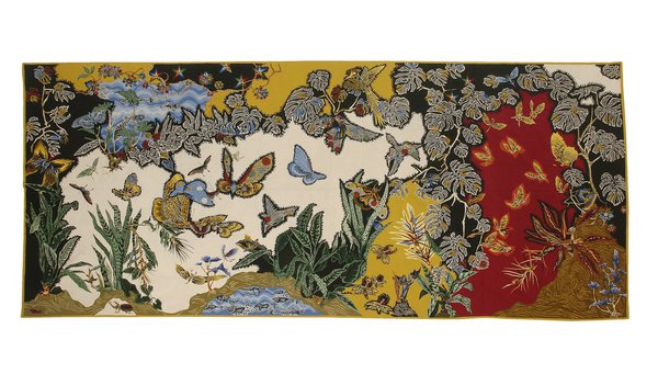 « Tropiques », création en 1956, tapisserie d’Aubusson, atelier Picaud. Cette invitation au voyage explose comme un feu d’artifice de couleurs.