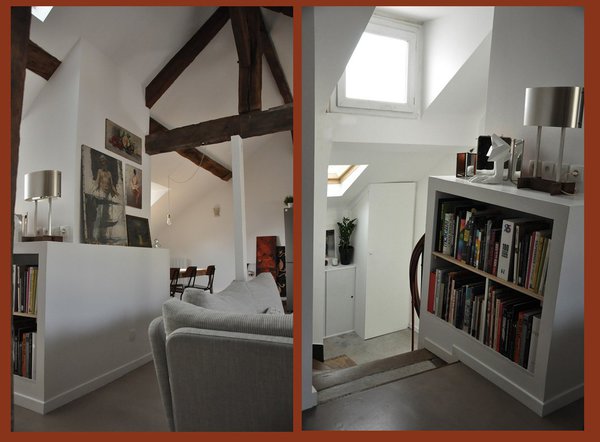 A la base du conduit d’accès au toit, des rangements pour les livres ont été pratiqués.