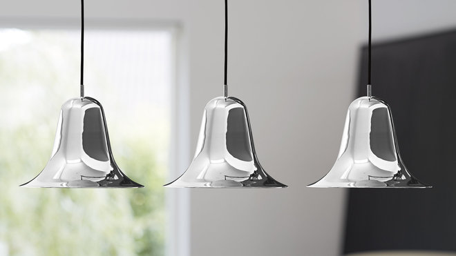 Série de suspensions chromées, aussi à l'aise dans un salon qu'au dessus d'un bar d'une cuisine ouverte.