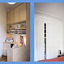 Le nouveau bureau forme une alcôve triangulaire. Les placards affleurants sont équipés de charnières invisibles.