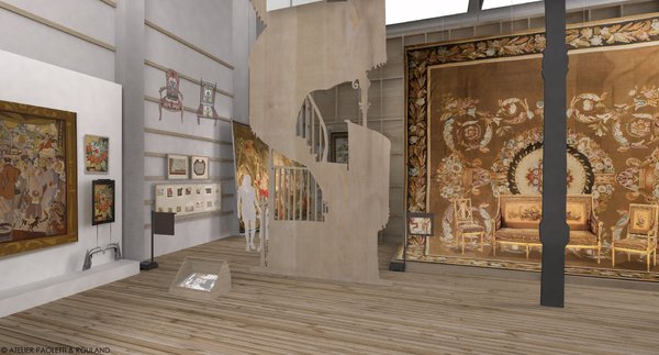 Œuvres inscrites dans leur époque, les tapisseries présentées dans la Nef des Tentures témoignent de six siècles de création : on a toujours tissé de l’art contemporain à Aubusson. Et finie la présentation des tapisseries comme des peintures : ici, la scénographie évoque, grâce à des décors en trompe-l’œil inspirés du théâtre, leur époque d’origine pour une véritable immersion dans l’univers tissé d’Aubusson.