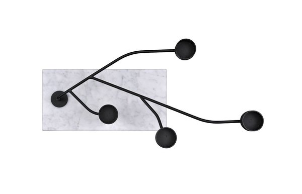 Vue plongeante sur le bougeoir Reef, avec base en marbre de Carrare massif et structure en métal laqué noir mat pour 4 bougies, en forme de branche (H 17,5 cm x P 24,5cm x L 48 cm).