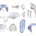 Croquis de recherche du fauteuil Quetzal qui désigne plusieurs espèces d’oiseaux tropicaux vivant en Amérique se distinguant par leur plumage vert. Pour les Mayas et les Aztèques, le quetzal était un oiseau sacré.