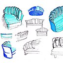 Autres dessins de sièges avec coussins qui évoquent les plumes d’un oiseau.