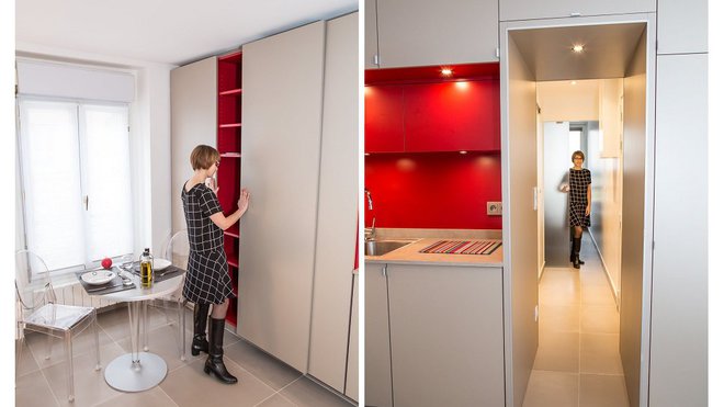 Le « mur servant » est fermé par des panneaux coulissants dans la cuisine. Et l’on a supprimé toutes les portes battantes qui encombraient l’espace.