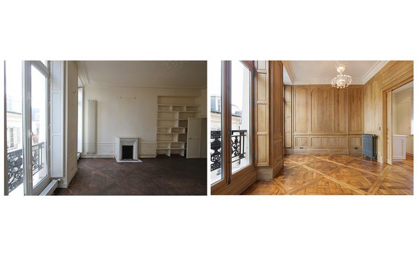 Avant-après, la salle à manger et sa métamorphose. On a ôté la cheminée, petite et ordinaire, ainsi que la bibliothèque, véritable verrue, pour créer une pièce où le bois est roi sur les murs comme au sol nappé d’un parquet Versailles.