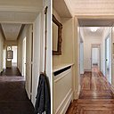 Le parquet du hall d’entrée a été changé et sa teinte éclaircie. Le faux plafond avec système éclairage par spots intégrés a été supprimé et remplacé par un point lumineux central et une suspension. Un vestiaire a été aménagé.
