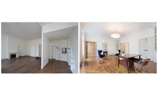 Le salon, divisé en deux volumes, a été recomposé pour ne former plus qu’un seul espace. La cheminée a été changée et un trumeau, venu d’ailleurs, rééquilibre, les proportions de l’ensemble de la pièce.