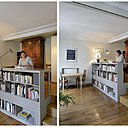 L’estrade (2,80 x 2,50 m) fait office d’espace bureau. Elle a été construite à une hauteur de 60 cm sur des poutrelles d’acier pré-percées de 8 cm de hauteur scellées dans les murs de part et d’autre. Elles ont été recouvertes d’un feutre d’insonorisation, de panneaux agglomérés et d’un parquet en chêne. Trois belles marches de 60 cm de largeur permettent d’accéder à cet espace. Et la marche supérieure intègre un coffre étirable grâce à des perforations latérales.