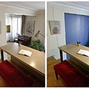 Le plateau du bureau d’une profondeur de 70 cm prolonge la bibliothèque multifonction. Côté bureau, la cloison mobile est peinte dans une autre couleur.