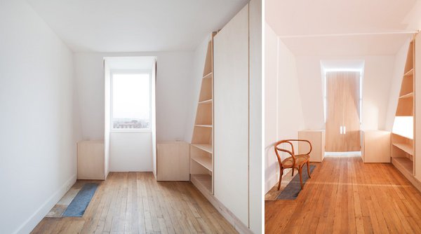 L’ancien parquet a été mis à jour et rénové. La trace de l’ancien poêle a été conservée. Des volets intérieurs ont été installés pour favoriser l’intimité de l’espace et créer un effet de cocon boisé.