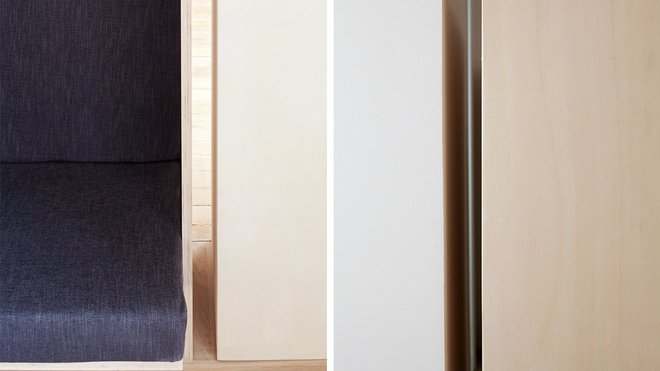 Le meuble central est composé de deux volumes distincts séparés de quelques centimètres pour alléger son impact visuel. A cette ouverture visuelle pour l’occupant, s’ajoute le passage de rais de lumière qui embellissent l’espace.