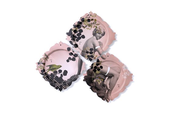 Jeu de 3 plateaux « Le Trypique du parc » en stratifié compact. Modèle Buste, Passereau et Piédestal. Collection « Galerie de portraits ».