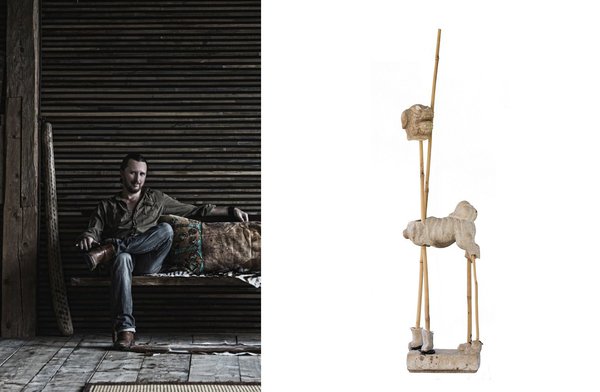 Portrait de Lionel Jadot accompagné de la sculpture Patch Dog, création Lionel Jadot.