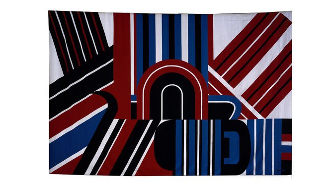 Tapisserie des Gobelins «  Les Quatre Vents » en laine et fils métalliques argent. Création d’après le peintre Jean Dewasne, 1989, Paris.