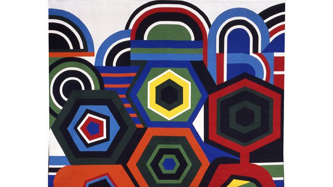 Tapisserie des Gobelins « Cœur Cinabre » en laine et fils métalliques argent. Création d’après le peintre Jean Dewasne, 1984, Paris.