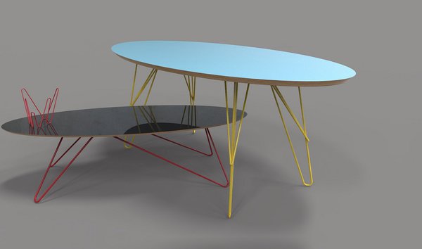 Tables Générique avec plateau en contreplaqué de bois stratifié et piètement en fil d’acier laqué époxy. Porte-revues réalisé dans le même matériau que les pieds de la table. Création Laurent Seri et Javi Guttierez Carcache, édition Adonde ?