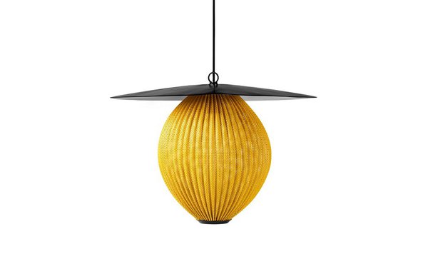 Jaune d’or. La couleur tendance qui réveille la déco ! Suspension Satellite, dessinée en 1953 par Mathieu Matégot, elle évoque une lanterne asiatique, avec un abat-jour en tôle perforée et plissée, à partir de 650 €, Gubi chez Made in Design.