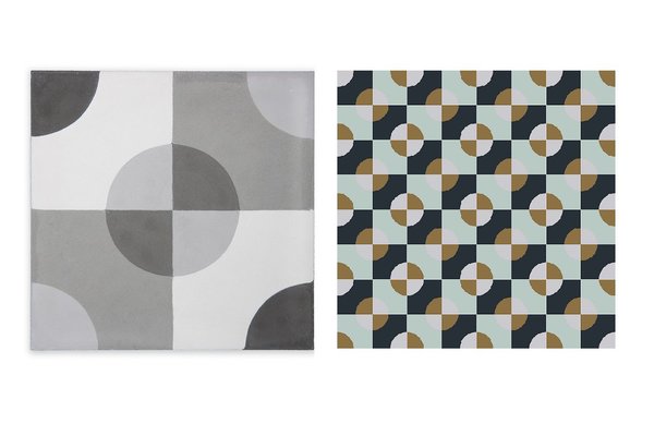 Un air de Kandinsky pour le décor géométrique de ces carreaux de ciment (20 x 20 cm) pour sols et murs. Création Studio Beauregard chez Arteum.