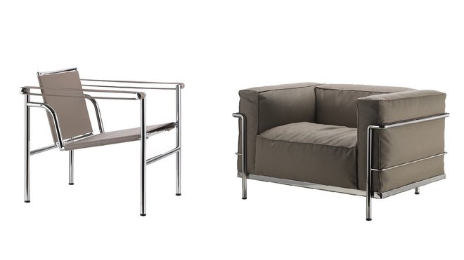 Versions outdoor et grand confort pour les fauteuils LC1 et LC3, à structure tubulaire chromée, créés en 1928 pour la Villa Church. Créations Pierre Jeanneret, Le Corbusier et Charlotte Perriand éditées par Cassina, collection I Maestri, réédités depuis 1965.