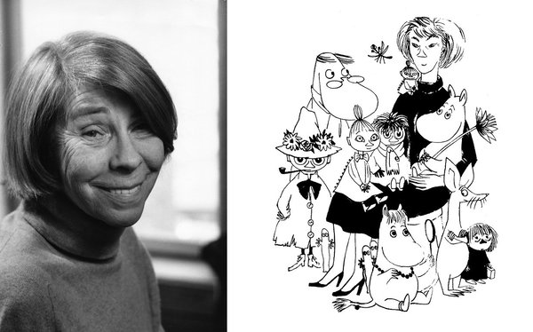 Portrait photographique de Tove Jansson et dessin de l’artiste  en compagnie de ses personnages Moomins.