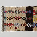 « Rencontrée en juin 2012, le fils d’Aïcha Khouya, qui a réalisé ce tapis, nous a accompagné dans toutes les maisons du village pour nous introduire auprès des tisserandes. Aïcha qui habite à Tazoulait est une excellente tisserande. Elle produit beaucoup et adore cela. Mais c’est aussi une femme très discrète et nous n’avons pas pu l’interroger comme d’autres ».