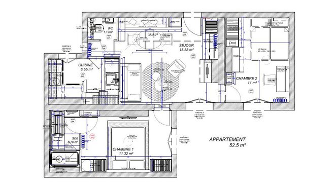 Plan de l'appartement après les travaux, une seconde salle de bains, des volumes légèrement optimisés avec une grande pièce à vivre parfaitement organisée et une cuisine semi-ouverte.