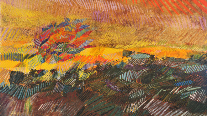 Tapisserie Champ ensoleillé balayé par le vent, création Sheila Hicks, 2014. Manufacture des Gobelins, 2,27 x 3,88 m. 43 kg de laine. 75 couleurs et 820 jours de tissage.