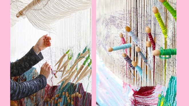 Détails de tapisseries : les manufactures produisent des pièces en deux dimensions basées sur le croisement des fils de chaîne et de fils de trame, la trame recouvrant complètement la chaîne. Le métier de haute lisse est positionné à la verticale.