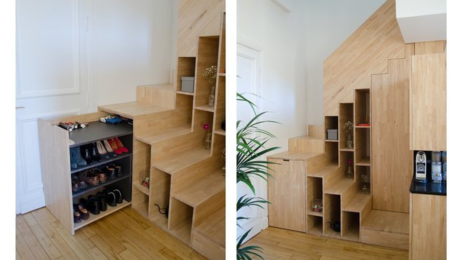 L’escalier sur mesure n’échappe pas à la règle dictée par le rangement ! On y trouver de nombreux caissons coulissants ouverts et fermés.