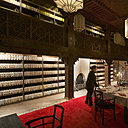 Dans la bibliothèque qui affiche 1083 œuvres littéraires présentées comme une sculpture de papier, on prend ses repas sous un plafond en cèdre sculpté.