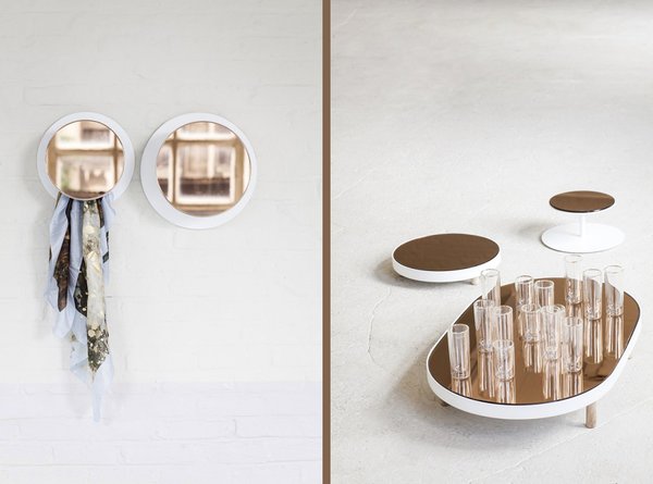 Le style de Studio Simple se reconnaît dans le choix des matériaux pour cette collection d’objets miroirs : l’acier, le chêne et le verre à glace chrysocale ou noir onyx, fusionnent en un ensemble harmonieux.