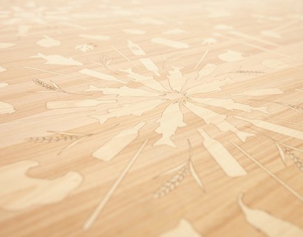 Détail du plateau de la table rectangulaire Abondance Topo avec marqueterie d’érable et peuplier argenté. Création Bovy Bemberg, 2014. Edition limitée de 8 pièces + 3 épreuves d’artiste + 1 prototype.