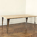 Abondance Topo, table en marqueterie réalisée selon la méthode Boulle. Plateau en peuplier argenté et érable avec pieds en inox poli ou acier peint (190 x 90 x H 75 cm). Création Bovy Bemberg, 2014. Edition limitée de 8 pièces + 3 épreuves d’artiste + 1 prototype.