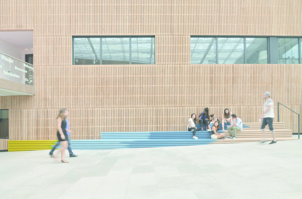 Les gradins en lattes de bois horizontales s’inscrivent dans le dessin de la façade intérieure recouverte d’un bardage vertical, également en bois.