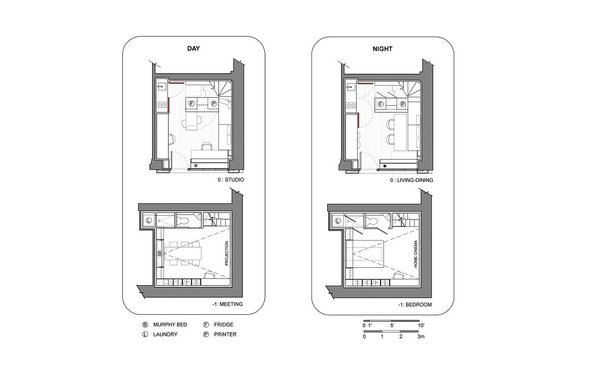 Unité inférieure à deux niveaux. Plan du rez-de-chaussée avec pièce de vie et souplex qui peut se transformer en espace de réunion ou chambre, en version jour ou nuit.