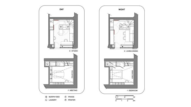 Unité inférieure à deux niveaux. Plan du rez-de-chaussée avec pièce de vie et souplex qui peut se transformer en espace de réunion ou chambre, en version jour ou nuit.