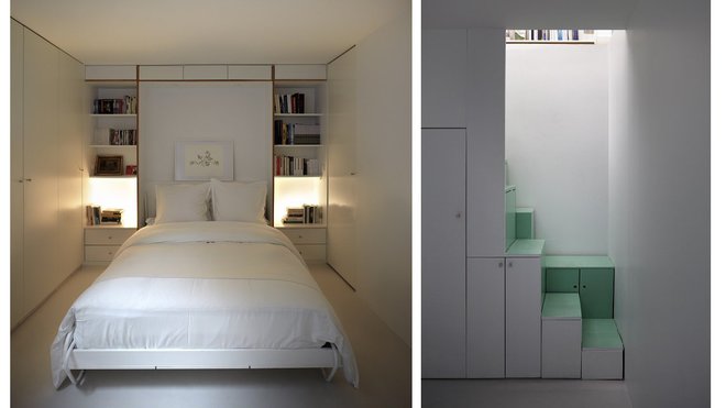 Unité inférieure à deux niveaux. A gauche, placards de stockage et rangements du souplex. A droite, la chambre du souplex équipé d’un lit rabattable contre le mur. Pour le sous-sol, le studio d’architecture Pan a construit une sorte de boîte dans une boîte, le volume initial. Et il a installé une ventilation mécanique pour le rendre habitable.