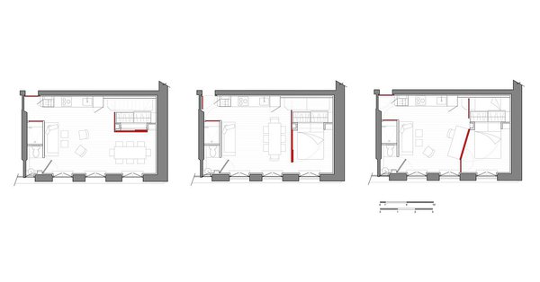 Unité supérieure sur un seul plateau. Plan de l’appartement du premier étage avec trois configurations possibles et mise en évidence du déplacement de la cloison.