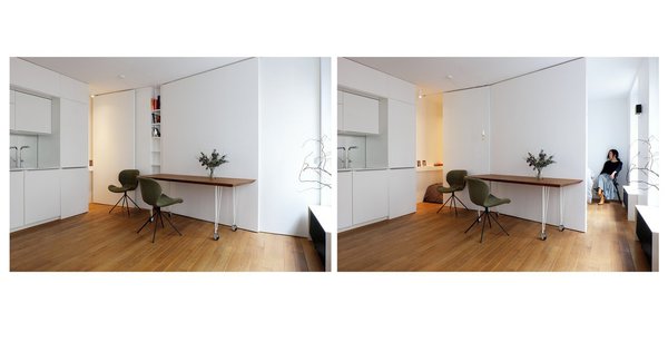 Unité supérieure sur un seul plateau. Dans l’unité supérieure, la cloison, complètement rabattue, occulte parfaitement la chambre et garantit l’intimité de cet espace.