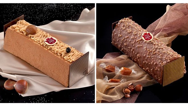 A gauche, la Bûche Marrons de Collobrières, et à droite la Bûche Castel.