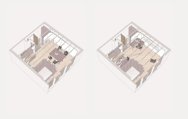 Le mur courbe cache le lit, tandis que le reste de l’espace peut être aménagé différemment en fonction des activités de la journée.