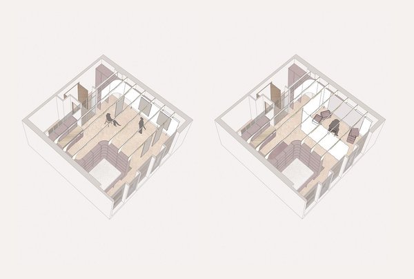 La structure polyvalente d’accrochage en MDF offre une grande liberté d’usage adaptée à de nombreuses activités artistiques. L’espace dégagé permet de travailler seul ou à plusieurs, se réunir, se concerter à tout moment de la journée.