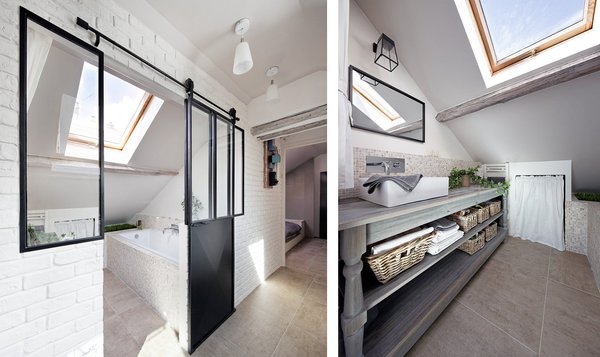 Au sol, carrelage en grès cérame, modèle On Square d’Emilceramica, couleur  sabbia (60 x 60 cm). Peinture, Ripolin, glycéro blanc et Luxens, gris doré n°6 satiné. La salle de bains est meublée avec une table de drapier, modèle Agreste, La Redoute_AM.PM. Vasque, modèle Quattro, chez Lapeyre. Radiateur, modèle Etroit, Atlantic, 300 W (L 40 x H 80 cm) et machine à laver “gain de place”, Candy Aqua 1042D1(H 70 x L 51 x P 46 cm) cachée sous le rideau.