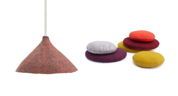 Issu du commerce équitable, abat-jour (6 couleurs chinées disponibles) et coussins Smarties (5 couleurs unies disponibles) en feutre naturel renouvelable.