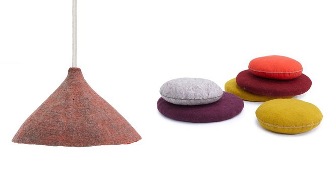 Issu du commerce équitable, abat-jour (6 couleurs chinées disponibles) et coussins Smarties (5 couleurs unies disponibles) en feutre naturel renouvelable.